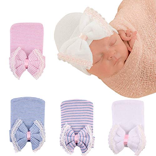 Newborn Hospital Hat Infant Baby Hat Caps with Bow Soft Cute Nursery Beanie Hat