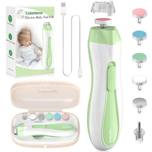 Rechargeable Baby Nail Trimmer Electric Baby Nail File, 15-in-1 Safe & Easy Nail Clippers Filer Buffer Kit with Dust Cover LED Light for Newborn Infant Toddler Adult Toes Fingernails, Green
