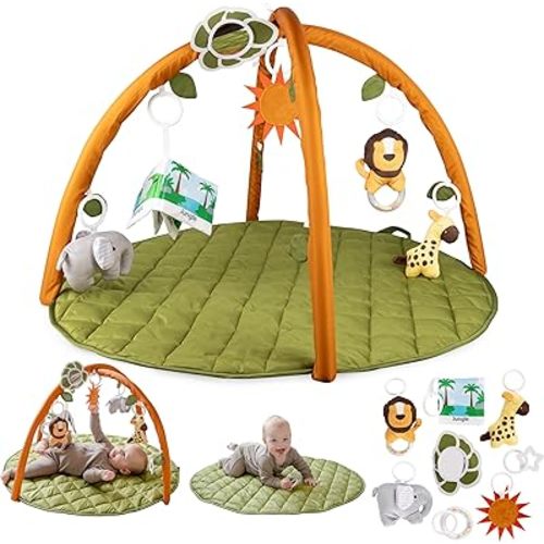 SnapPea Baby Activity Mat. Jungle Baby Play Gym Mat, Tummy Time Mat with 8 Baby Toys and Handle. Non Slip, Soft 37in Baby Play Mat. Portable Baby Gym, Infant Floor Playmat for Playroom, Nursery