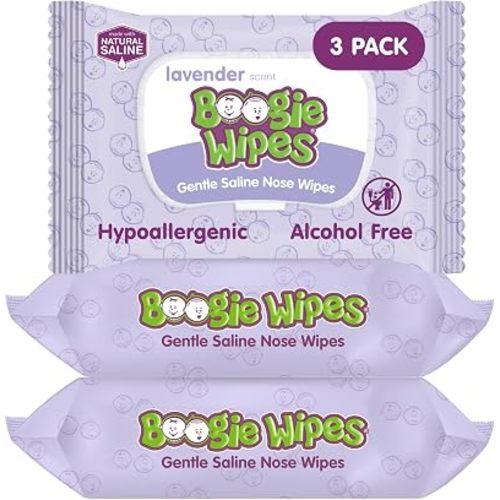 Boogie Wipes Saline Nose Wipes - 90 Count - Lavender Scent, Hypoallergenic & Alcohol-Free - Allergy Relief - Made with Natural Saline, Aloe, Chamomile & Vitamin E - Diaper Bag Essential