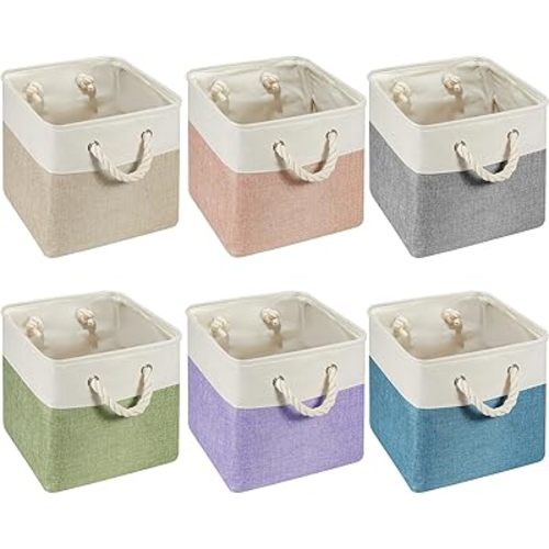 Geiserailie 6 Pcs 11 x 11 Inch Cube Storage Bins Fabric Storage Organizer Bins Foldable Cube Baskets with Sturdy Carry Handles Wicker Baskets for Home (Multicolored)