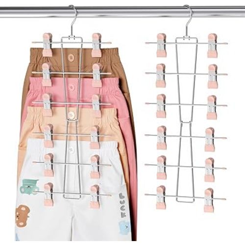 DOIOWN 6-Tier Baby Hangers with Clips - Space Saving Kids Pants Hangers for Babies & Kids Pant,Clothe,Adjustable Toddler Clothes Hanger for Newborn Children Closet Organization Pink 2Pack