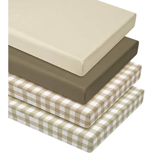 VitalCozy 4 Pcs Checkered Khaki Crib Sheet Set Newborn Bedding Nursery Baby Sheets for Girl Boys Baby Gifts for Standard Crib and Toddler Mattresses, 52 x 28 x 8 Inches