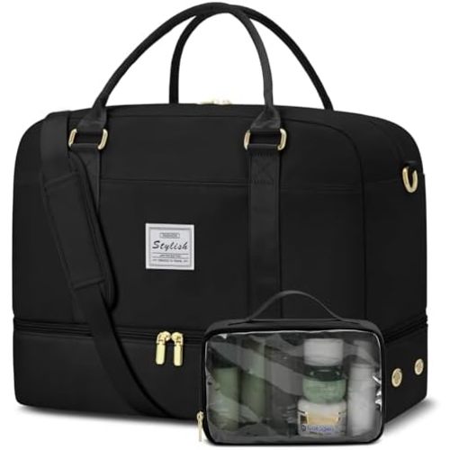 Weekender Travel Duffle Bag for Women: Overnight Bags with Shoe Compartment Carry on Bags for Airplanes with Toiletry Bag Weekend Yoga Gym Bag with Wet Pocket Travel Duffel Tote Bag Hospital Bag Black