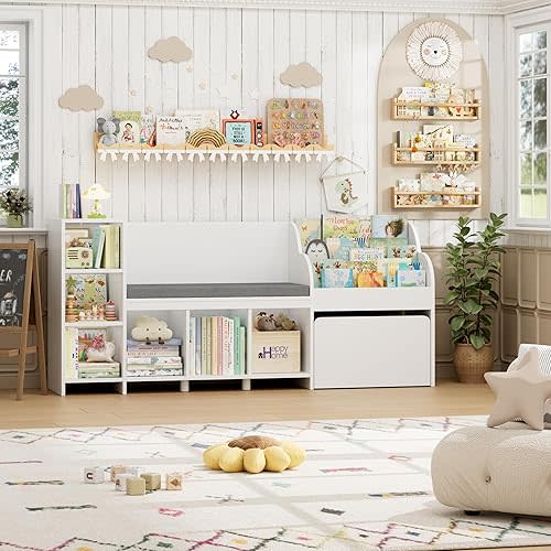 HOSTACK 67" Kids Reading Nook with Bench, Kids Bookshelf and Bookcase with Seat Cushion and 6 Storage Cubbies, Toy Storage Box on Wheels, Toy Chest for Playroom, Bedroom, School, White