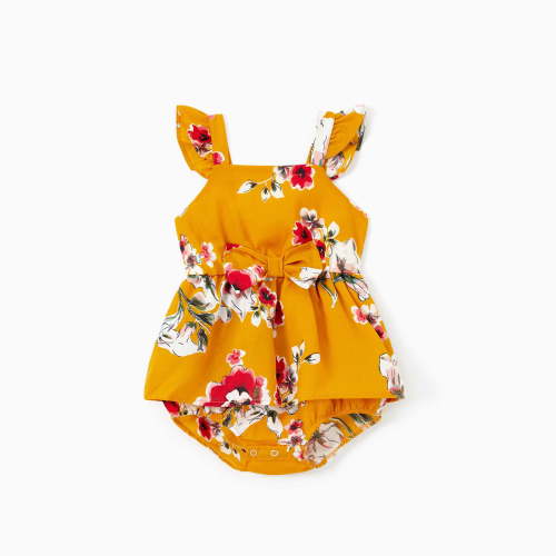 PatPat Baby Girl Clothes Mommy and Me Vacation Outfits Yellow Floral Baby Baby Girl Gifts,0-24M