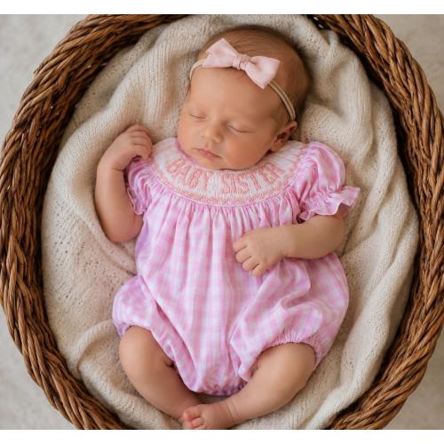 Baby Sister Smocked Pink Gingham Bubble Romper, Baby Girl, Sibling Options, Heirloom 652 *F