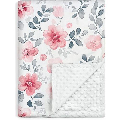 Floral Minky Baby Blanket 30 x 40 Inches for Boys Girls, Soft Plush Receiving Blanket with Dotted Back, Gift for Toddler Newborn Infant Christmas Birthday Baby Shower