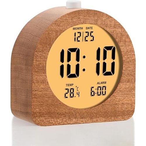 Plumeet Wooden Digital Alarm Clock for Bedrooms, Wood 4'' Battery Powered Alarm Clock with Snooze and Nightlight, Electronic LCD Desk Clock Display Time, Date, Temp, 12/24H, Wood Décor, Round, Sapele