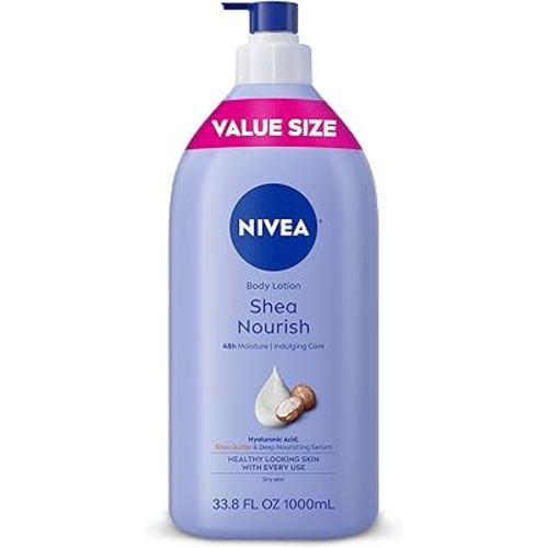 NIVEA Shea Nourish Body Lotion for Dry Skin with Hyaluronic Acid, Shea Butter and Deep Nourishing Serum, 48-Hour Body Moisturizer, 33.8 Fl Oz Pump Bottle