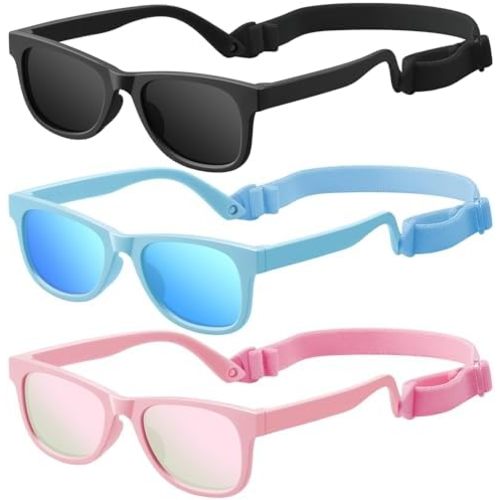 Baby Infant & Toddler Sunglasses with Strap, UV400 Protection for Boys & Girls 0-24 Months, 3 Pack