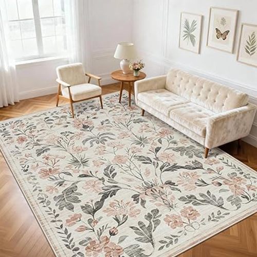 6x9 Area Rugs Washable Rug: Lagre Boho Living Room Rug Soft Non-Slip Thin Carpet Indoor Floor Non-Shedding Neutral Floral Carpets for Bedroom Dining Room Farmhouse Nursery Pink