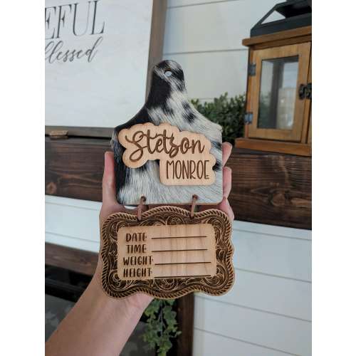 Cowhide birth announcements,Cowhide birth sign,cowhide announcement,cowhide,western authentic cowhide,hospital baby sign. Baby stat sign