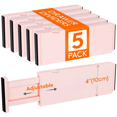 Lifewit 5 Pack Drawer Dividers Plastic 4" High, 11-17" Adjustable Drawer Organizers for Clothes, Expandable Dresser Separators in Bedroom/Bathroom/Kitchen/Office Organization and Storage, Pink