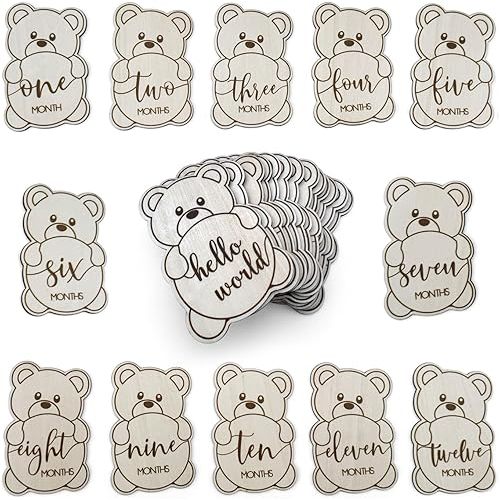 Baby Monthly Milestone Cards, Wooden Discs, Gender Neutral, Teddy Bear Shaped, Baby Shower Gifts (Teddy Bear)