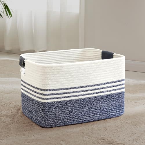 SunNewt 60L Large Laundry Basket with Leather Handles for Living Room Storage, Woven Rope Baskets Bin for Blanket, Kids Toy, Gifts, Wicker Hamper for Bedroom Dirty Clothes, 21"x15"x11" Denim Blue