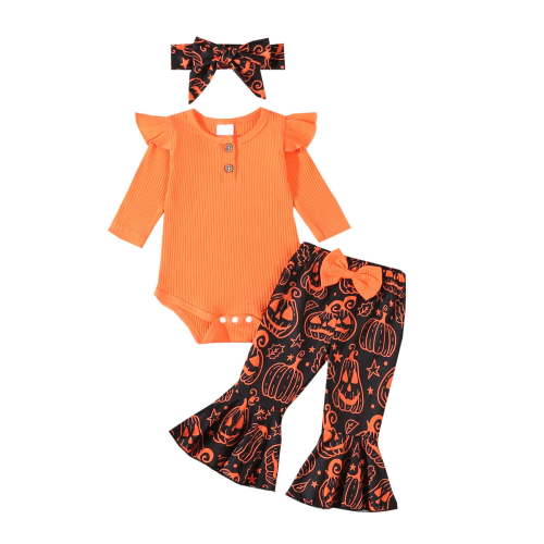 RMGVDSD Toddler Baby Halloween Outfit Infant Girls Autumn Winter Long Sleeve Solid Color Romper Top And Flare Pants Trousers With Headband 3 Piece Outfits Set 0-3 Months