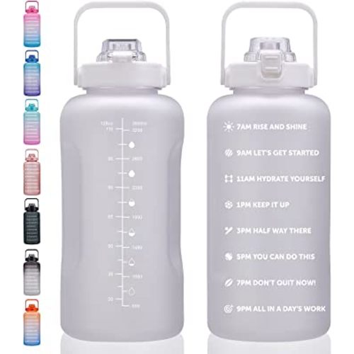 Botella de agua grande motivacional de 64 onzas, 100 onzas, 128 onzas con marcador de tiempo, a prueba de fugas y sin BPA, botella de agua grande de medio galón con asa y pajita, jarra de