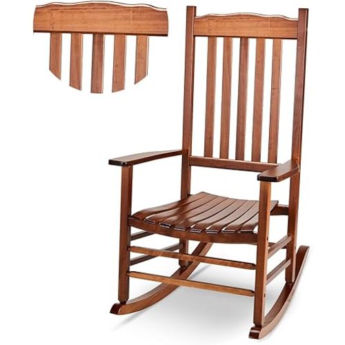 Outvita Outdoor Rocking Chair, Solid Wood High Back Rocker, All Weather Lounge Chair for Porch Patio Fire Pit Garden Backyard Deck Indoor, Wave Shape, Natural