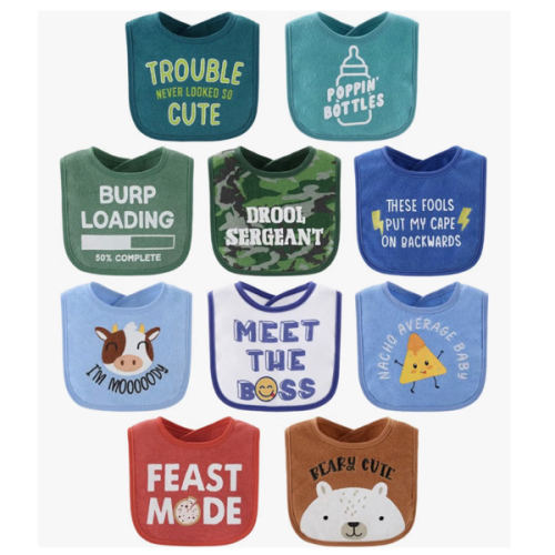 The Peanutshell Baby Boy Terry Bibs Set of 10-100% Cotton, Soft, Absorbent Baby Bibs, Toddler Boy Set, Newborn & Infant Bib - Oh Boy!