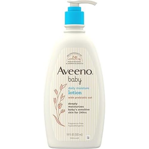 Aveeno Baby Daily Moisture Body Lotion for Sensitive Skin, Hypoallergenic Moisturizing Baby Lotion with Nourishing Oatmeal to Deeply Moisturize Baby's Skin, Fragrance-Free, 18 fl. oz