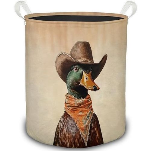 Cowboy Mallard Duck Western Laundry Basket, Rustic Vintage Cowboy Hat Mallard Duck Foldable Laundry Hamper With Handles Clothes Toys Storage Basket for Bedroom Bathroom Home