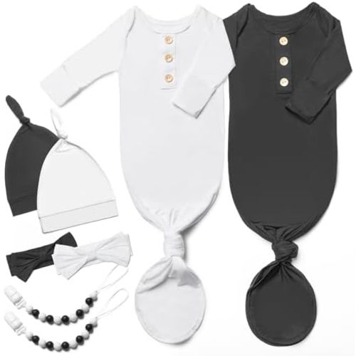 2PK Silky Soft Newborn Knotted Gown, Snuggly Infant Sleeper for Baby Girls, Sleepwear Set with Mittens, Bowknot, Clip and Hat