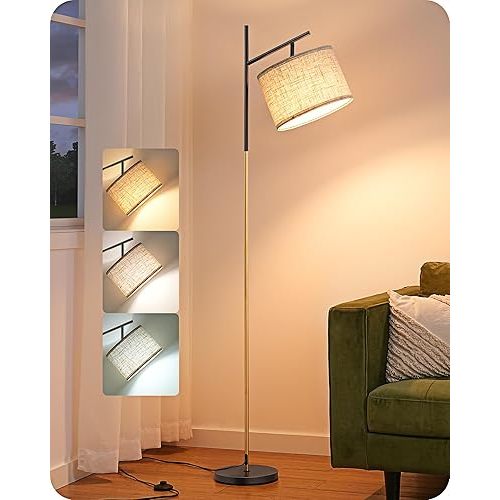 EDISHINE Modern Floor Lamps for Living Room, 64.7" Minimalist Standing Lamp with 3 Color Temperatures Bulb & Adjustable Linen Shade, Foot Pedal Switch, Arc Tall Lamp for Bedroom Office, Black Gold
