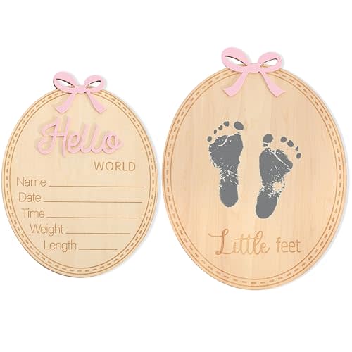 2pcs Wooden Bow Hello World/Footprint Sign - Bow Baby Girl Announcement Sign,Hello World Baby Girl Hospital Sign with Bow (Bow-2)
