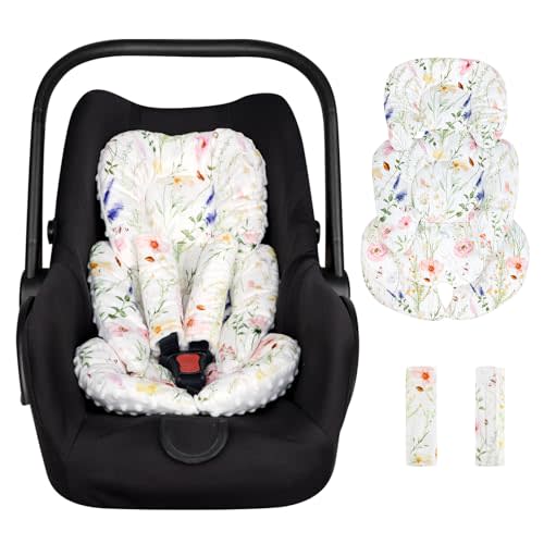 CARUILI Infant Car Seat Insert Cushion, Super Soft Baby Car Seat Head Support & 2 Straps Pads, Reversible Preemie Newborn Carseat Insert, Fit Car Seat, Stroller, Infant Bouncer, Wildflowers
