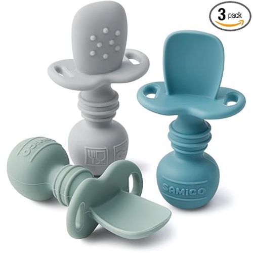 SAMiGO Silicone Baby Spoons Self Feeding 6+ Months - Infant Toddler Utensils - First Stage Baby Led Weaning Feeding Supplies - Set of 3 Pack
