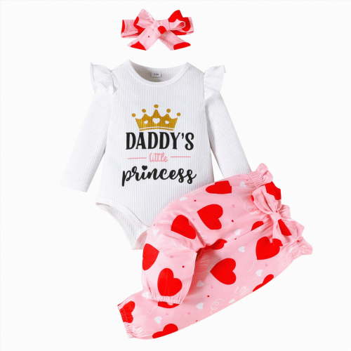 CAICJ98 Baby Girl Valentines Outfit Letter Print Long Sleeve Bubble Romper Heart Pants Set Headband Spring Clothes (White,0-3 Months)