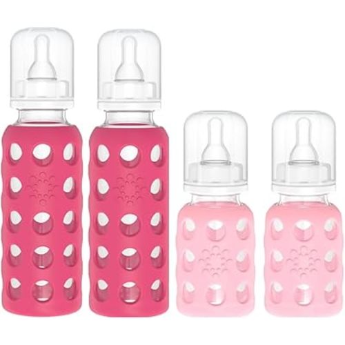 Lifefactory Glass Baby Bottle BPA Free | Protective Silicone Sleeve| 4 oz & 9 oz Pack of 4 | Pink & Raspberry