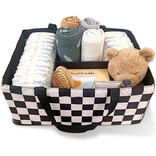 Tiny Twinkle Diaper Caddy Organizer | Foldable Baby Storage Basket with Removable Divider | Waterproof & Mess-Proof Fabric, Portable Nursery Organizer for Newborn Essentials (Black Checkers)