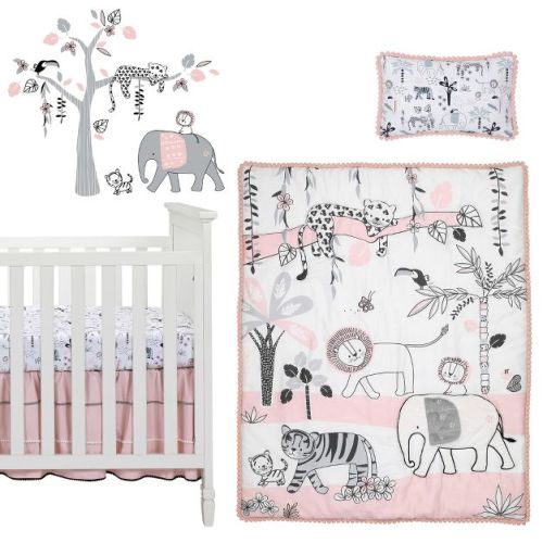 Lambs & Ivy Happy Jungle Pink/White Safari Nursery 5-Piece Crib Bedding Set