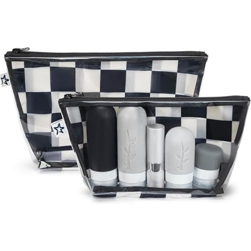 BLACK Tiny Twinkle Diaper Bag Organizing Pouches | 2 Pack Mess-Proof Travel Organizer Bags with Structured Bottom & Clear Front | TSA Approved Toiletry Bag Set for Baby and Mom Essentials (Black Checkers)