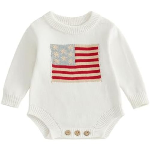 Newborn Baby Boy Girl 4th of July Outfit American Flag Long Sleeve Knit Sweater Bubble Romper Patriotic Clothes