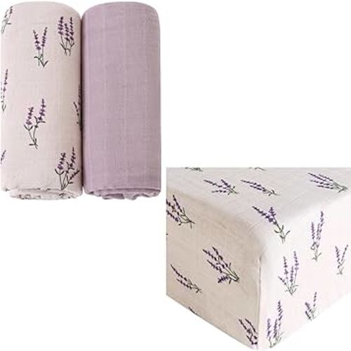 LifeTree Muslin Swaddle Blankets 2 Pack, Organic Cotton, Large 47 x 47 inches and Baby Crib Sheet 1 Pack Lavender Pattern