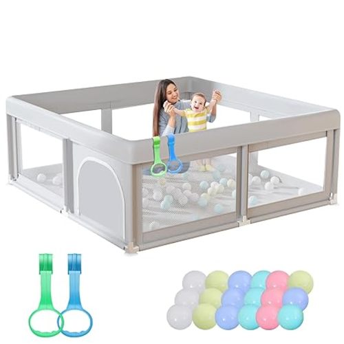 Hiaksedt 50 x 50 inch Baby Playpen with Ocean Balls and Pull Rings, Playpen for Babies and Toddlers, Baby Fence Playards, Safe Structure and Soft, Skin-Friendly Fabric with Zipper Gates.