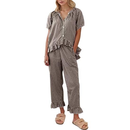 COZYPOIN 100% Cotton Pajamas for Women Set Cute Gingham Lounge Set | 2 Piece Plaid PJs Sets, Button Down, Short Puff Sleeve, Babydoll Top, Ruffle Pants, Maternity Bridesmaid Loungewear Sleepwear