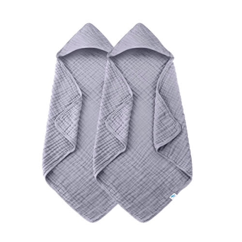 SWEET DOLPHIN Muslin Hooded Baby Bath Towels - 2 Pack 100% Cotton Towel for Babies, Infants, Toddlers - 32x32Inch - Highly Absorbent and Newborn Essential, Grey