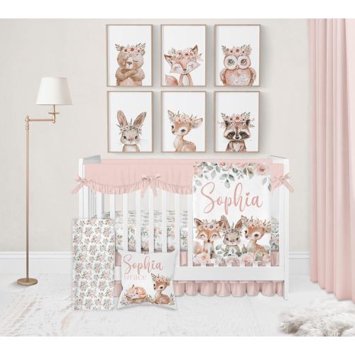 Baby Girl Crib Bedding Set, Woodland Nursery Bedding, Woodland Crib Bedding, Boho Floral Nursery Girl, Pink Floral Bedding, Woodland Animals