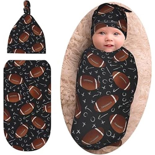 Football Baby Stuff Swaddle Blanket with Beanie Set, Soft Football Baby Blankets Newborn Sleeping Sacks for Girls Boys