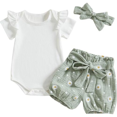 Kaipiclos Newborn Infant Girl Clothes Rib Knit Romper Daisy Print Shorts Headband Baby Summer Clothes 0 3 6 12 18 24 Months