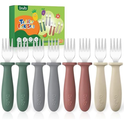 DRKIO 8 Pieces Toddler Forks Set - Baby Forks with Silicone Handle Children safe 18/8 Stainless Steel Toddler Utensils Set for Self Feeding Kids Silverware Anti-Choke Design Food Grade Dishwasher Safe