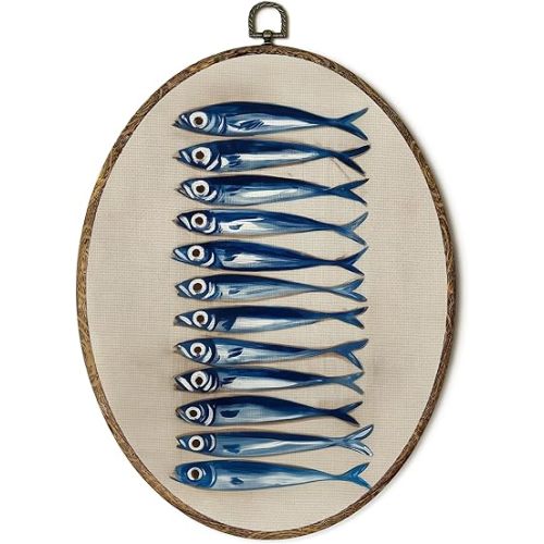 OINDADE Vintage Coastal Sardine Oval Wall Art Decor, Nautical Coastal Beach Sardines Wall Art Hanging Decor, Vintage Retro Sardine Fish Framed Canvas Artwork for Dining Room Kitchen, 8.8x11.5in