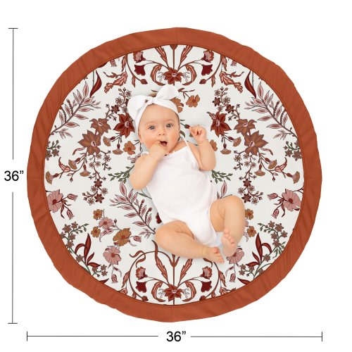 Sweet Jojo Designs Ivory and Orange Boho Vintage Floral Girl Baby Tummy Time Playmat Bohemian Rust Botanical Green Fringe Tassel