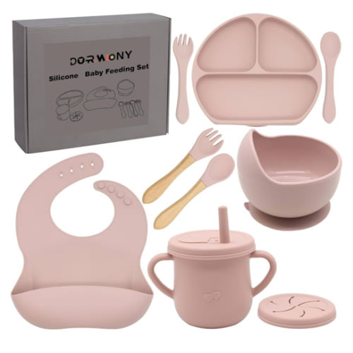 100% Silicone Baby Feeding Set,BPA Free Baby Dishes Set with Suction Bowl Divided Plate,Toddler Self Feeding Dish Set with Spoons Forks Sippy Cup and Bib, Baby Eating Utensils (Pink)