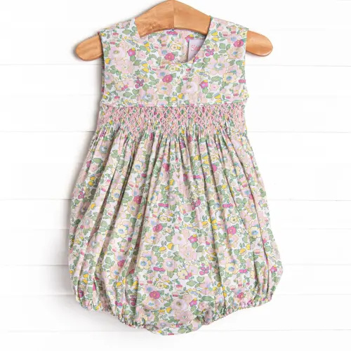 Properly Pleated Petals Smocked Bubble, Pink.
Size 3 months