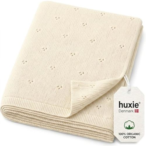 Huxie 100% Organic Cotton Knit Baby Blanket for Boys and Girls- Pointelle Swaddle Blanket - 40" x 30" Soft Receiving Blanket for Newborn - Lightweight Heirloom Nursery Knit Blanket for Babies(Ivory)